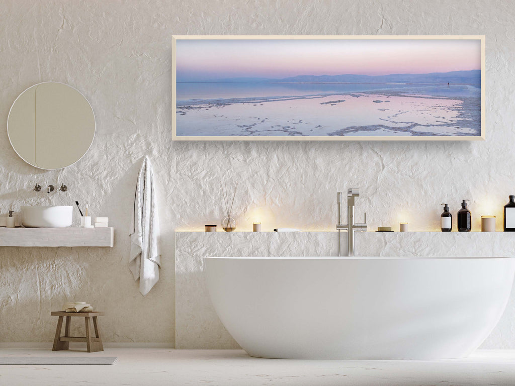 Panoramic Holy Land Israeli Sunset Seascape with White Salt Sea Minerals — Dead Sea with Salt Sea Minerals