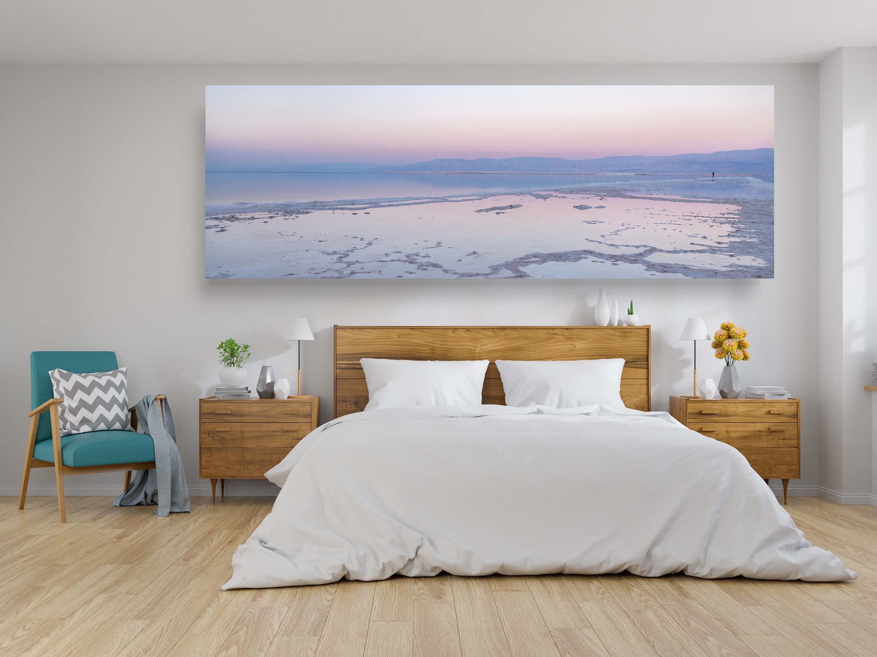 Panoramic Holy Land Israeli Sunset Seascape with White Salt Sea Minerals — Dead Sea with Salt Sea Minerals