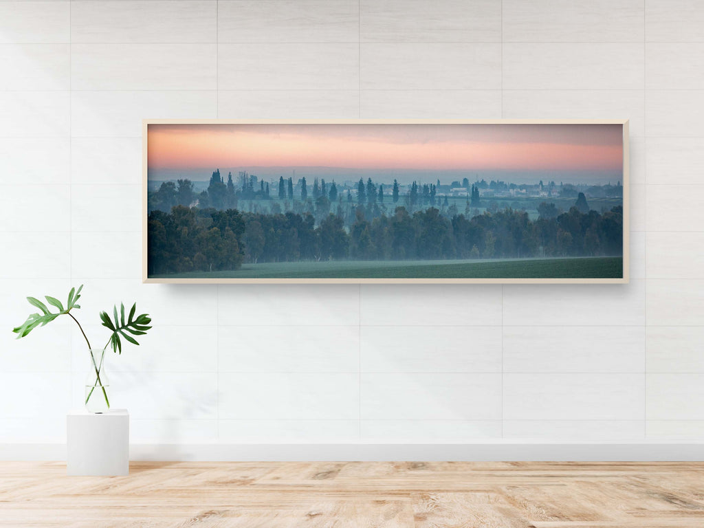 Holy Land Israeli Sunrise Panoramic Landscape: Green Field and Trees, Kibbutz Beeri