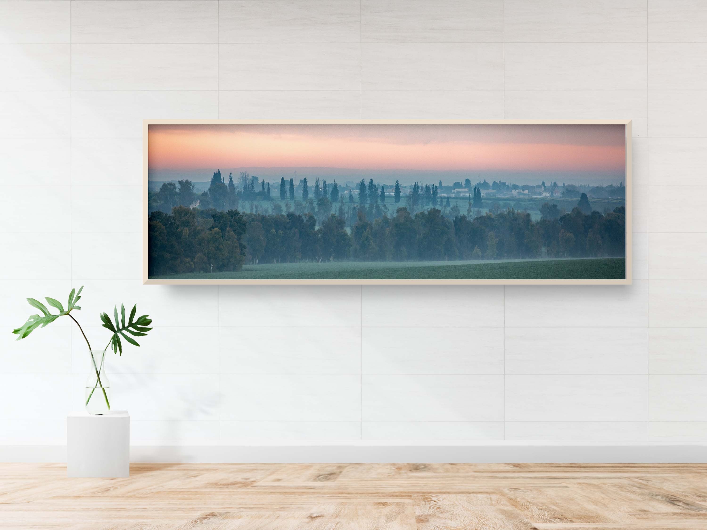 Holy Land Israeli Sunrise Panoramic Landscape: Green Field and Trees, Kibbutz Beeri