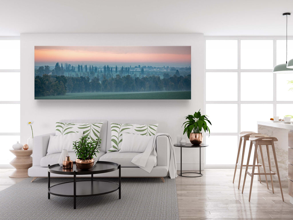Holy Land Israeli Sunrise Panoramic Landscape: Green Field and Trees, Kibbutz Beeri