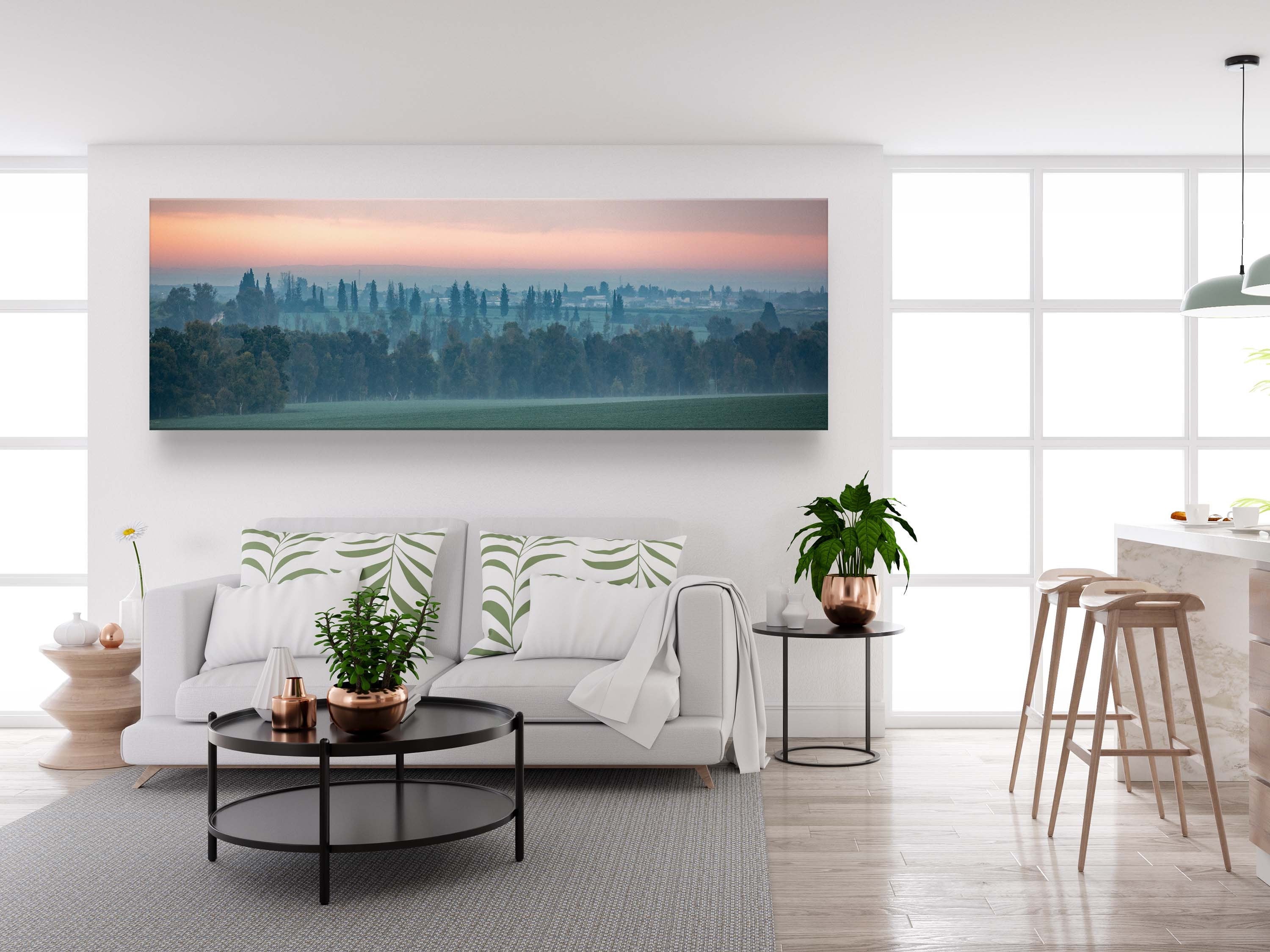 Holy Land Israeli Sunrise Panoramic Landscape: Green Field and Trees, Kibbutz Beeri