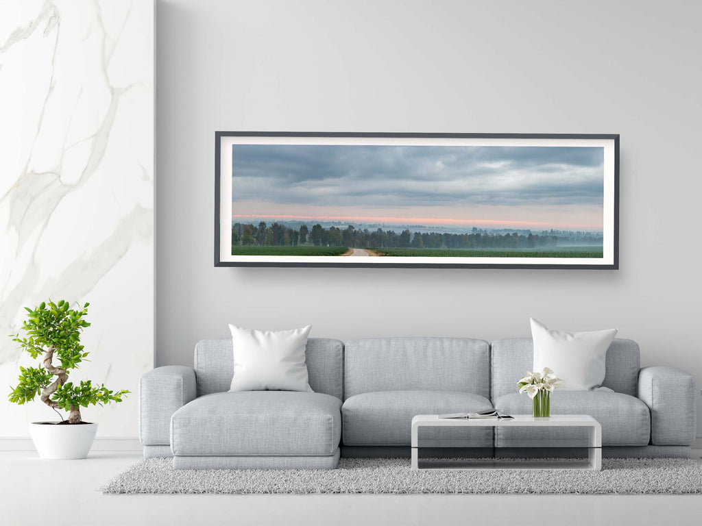 Panoramic Holy Land Israeli Cloudy Sunrise Landscape with Green Field, Trees and Clouds