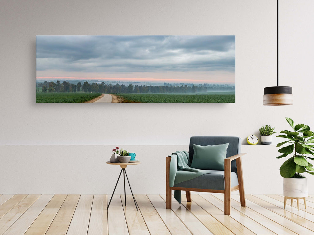 Panoramic Holy Land Israeli Cloudy Sunrise Landscape with Green Field, Trees and Clouds