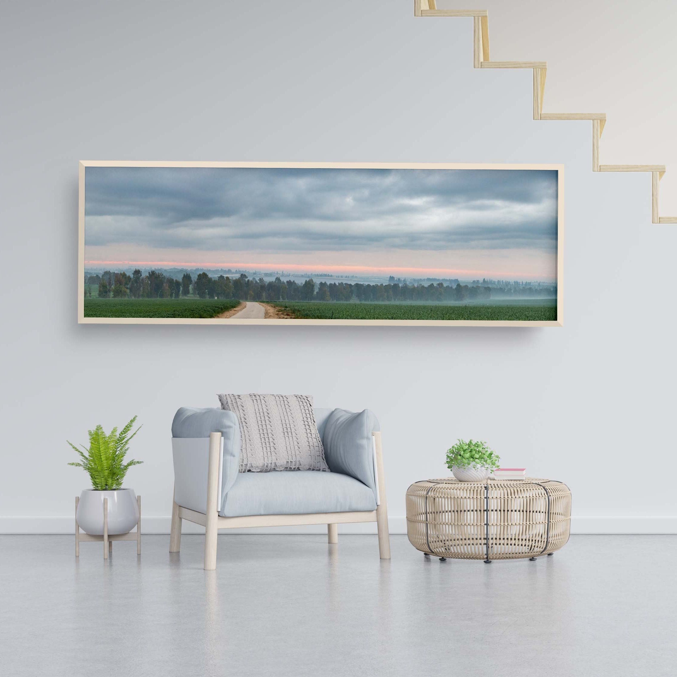 Panoramic Holy Land Israeli Cloudy Sunrise Landscape with Green Field, Trees and Clouds