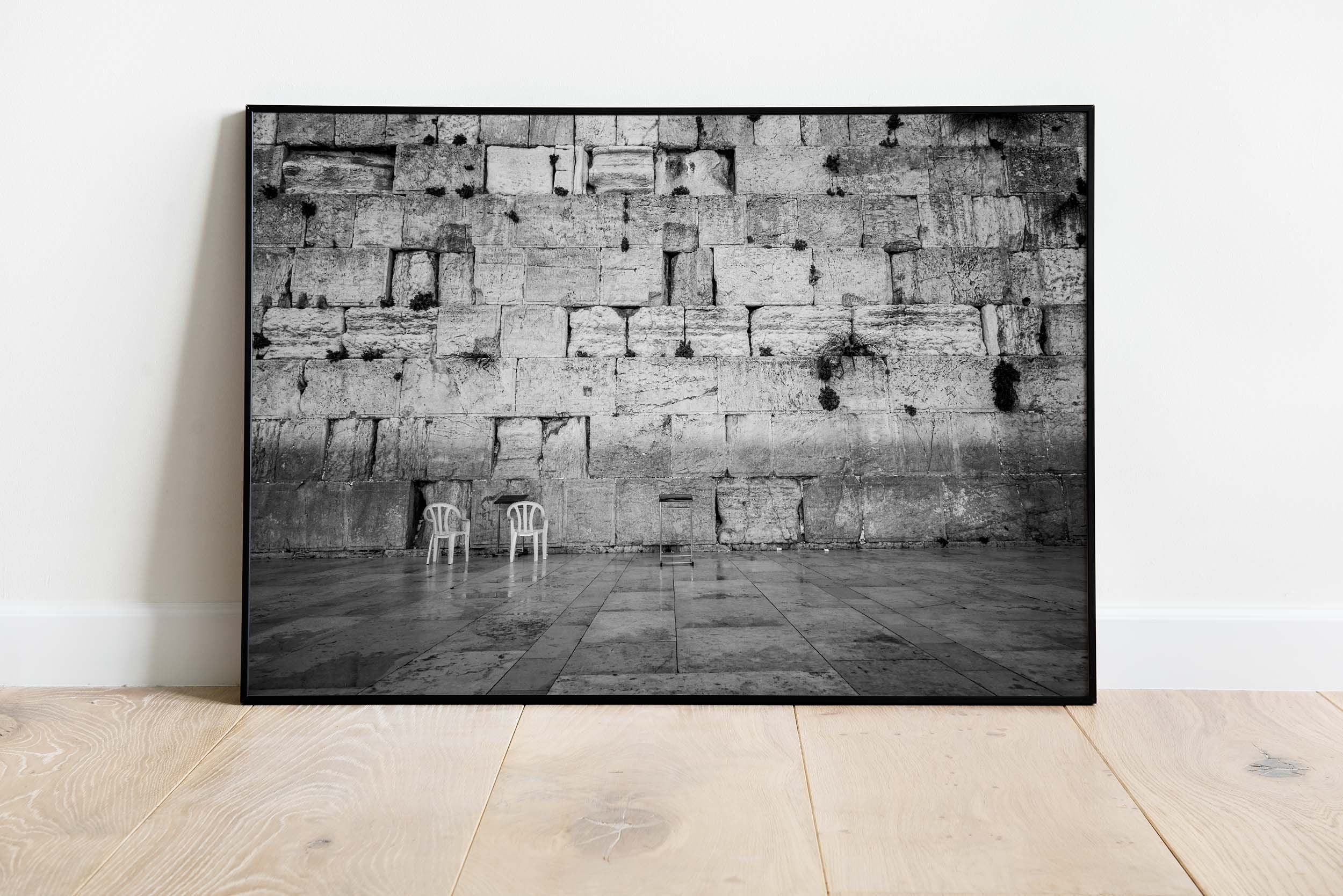 Black and White Kotel — Western Wall Empty with Two Chairs