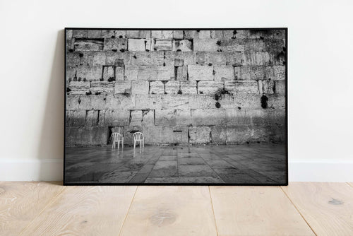Black and White Kotel — Western Wall Empty with Two Chairs