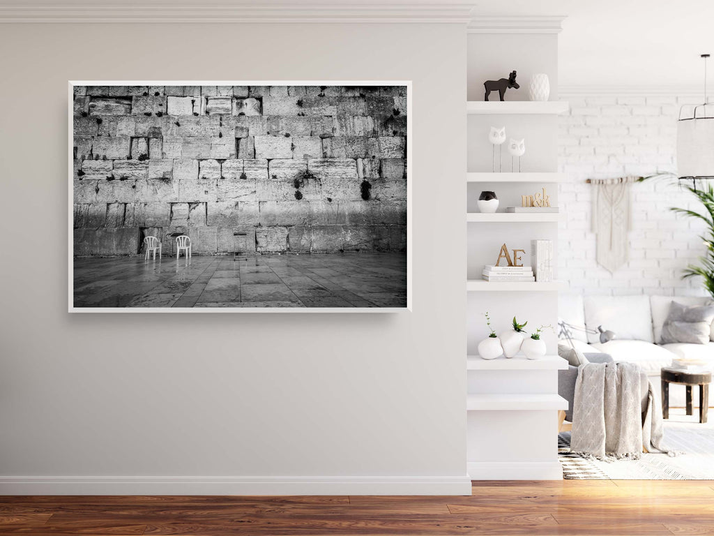 Black and White Kotel — Western Wall Empty with Two Chairs