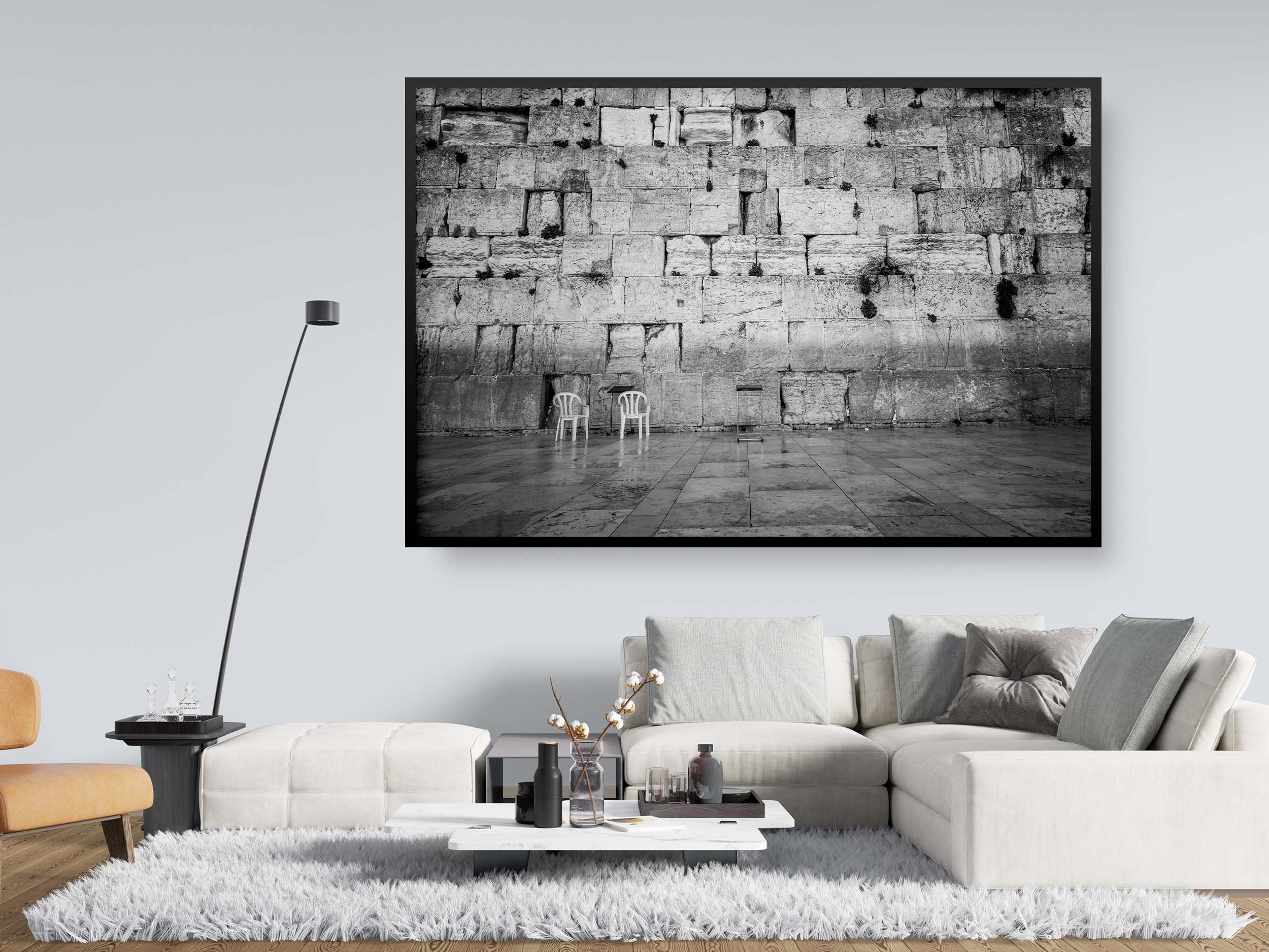 Black and White Kotel — Western Wall Empty with Two Chairs