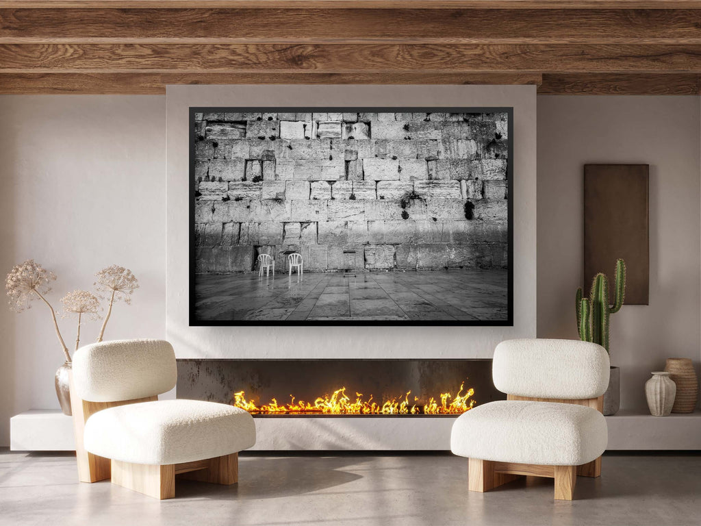 Black and White Kotel — Western Wall Empty with Two Chairs