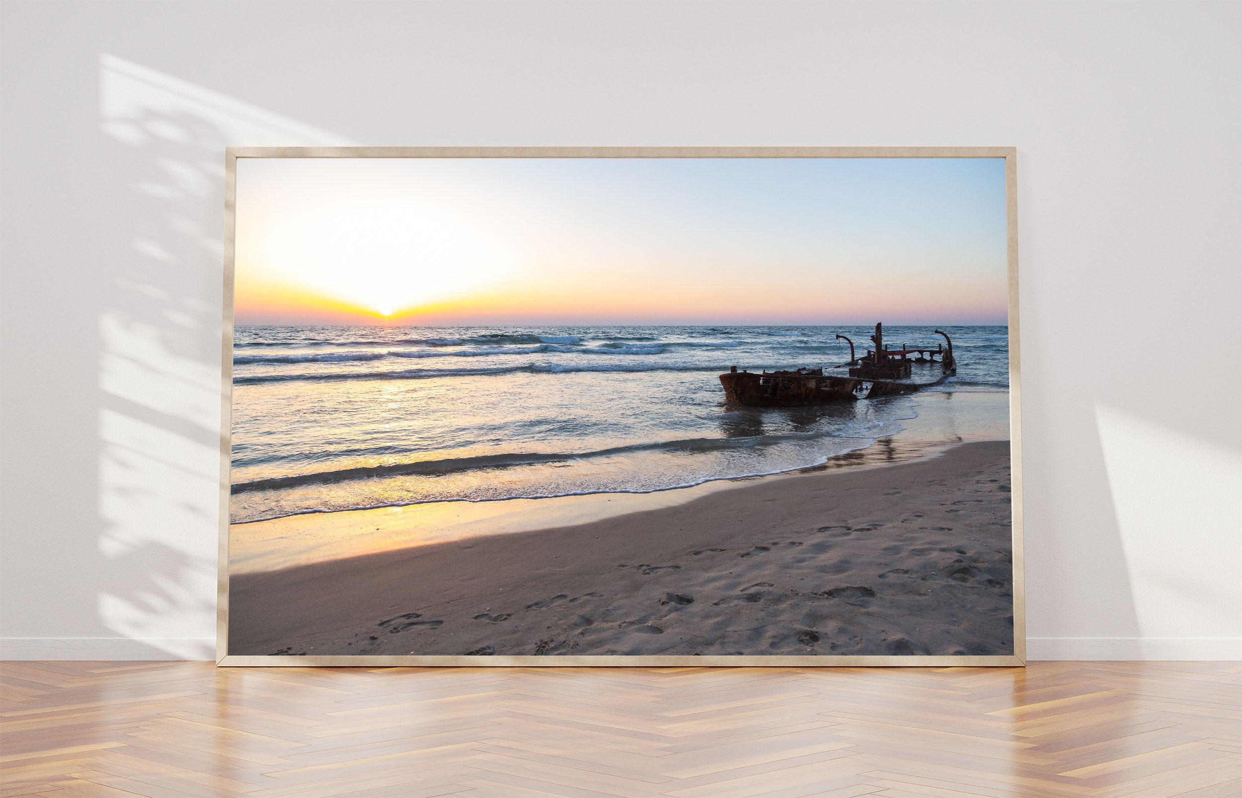 Israeli Seascape Print: Sunset Beach with Wrecked Boat