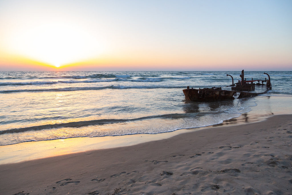 Israeli Seascape Print: Sunset Beach with Wrecked Boat