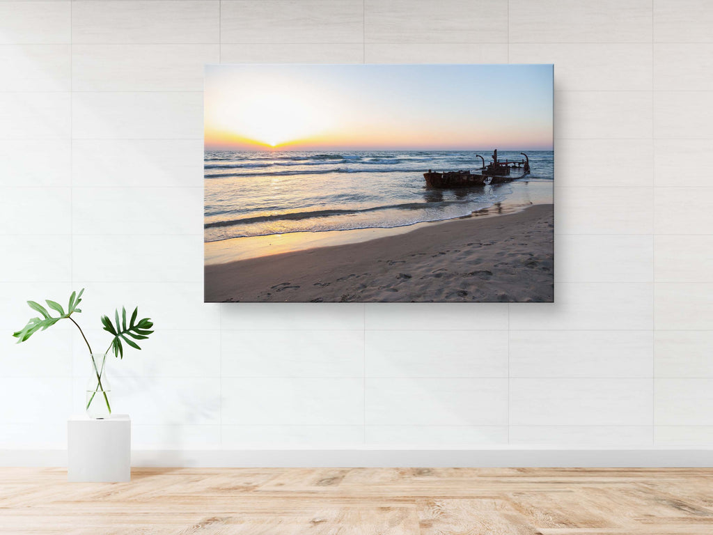 Israeli Seascape Print: Sunset Beach with Wrecked Boat