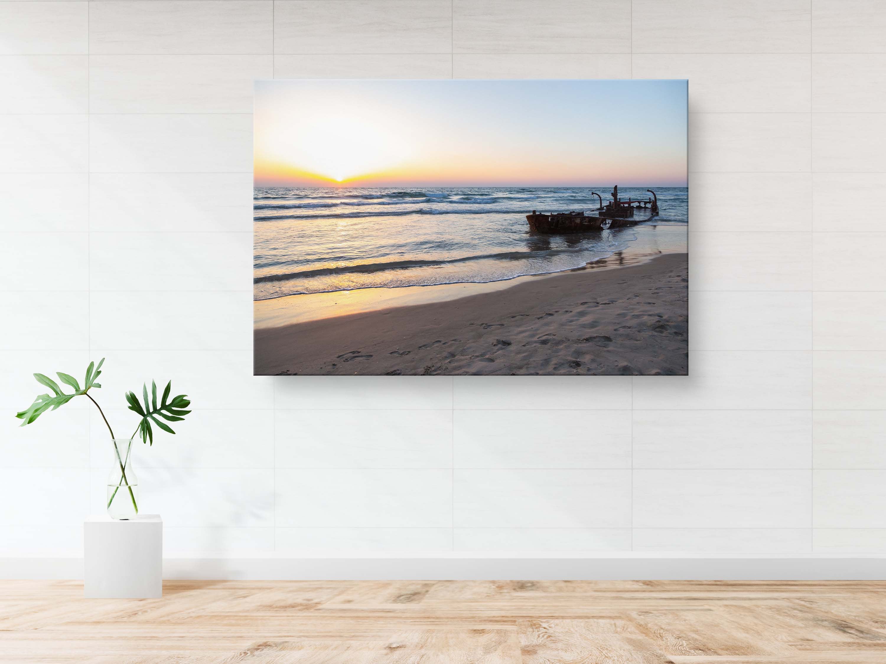 Israeli Seascape Print: Sunset Beach with Wrecked Boat