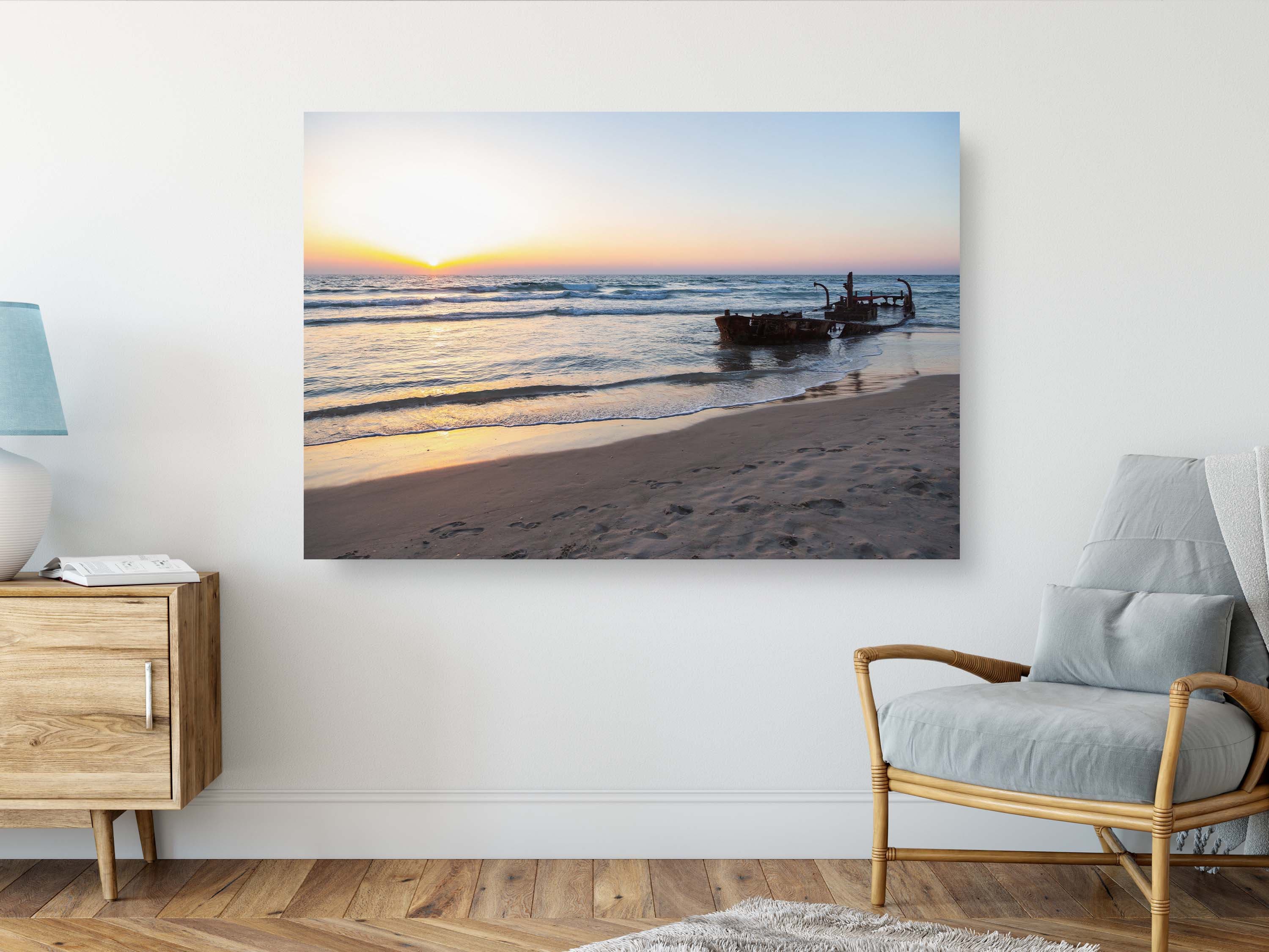 Israeli Seascape Print: Sunset Beach with Wrecked Boat