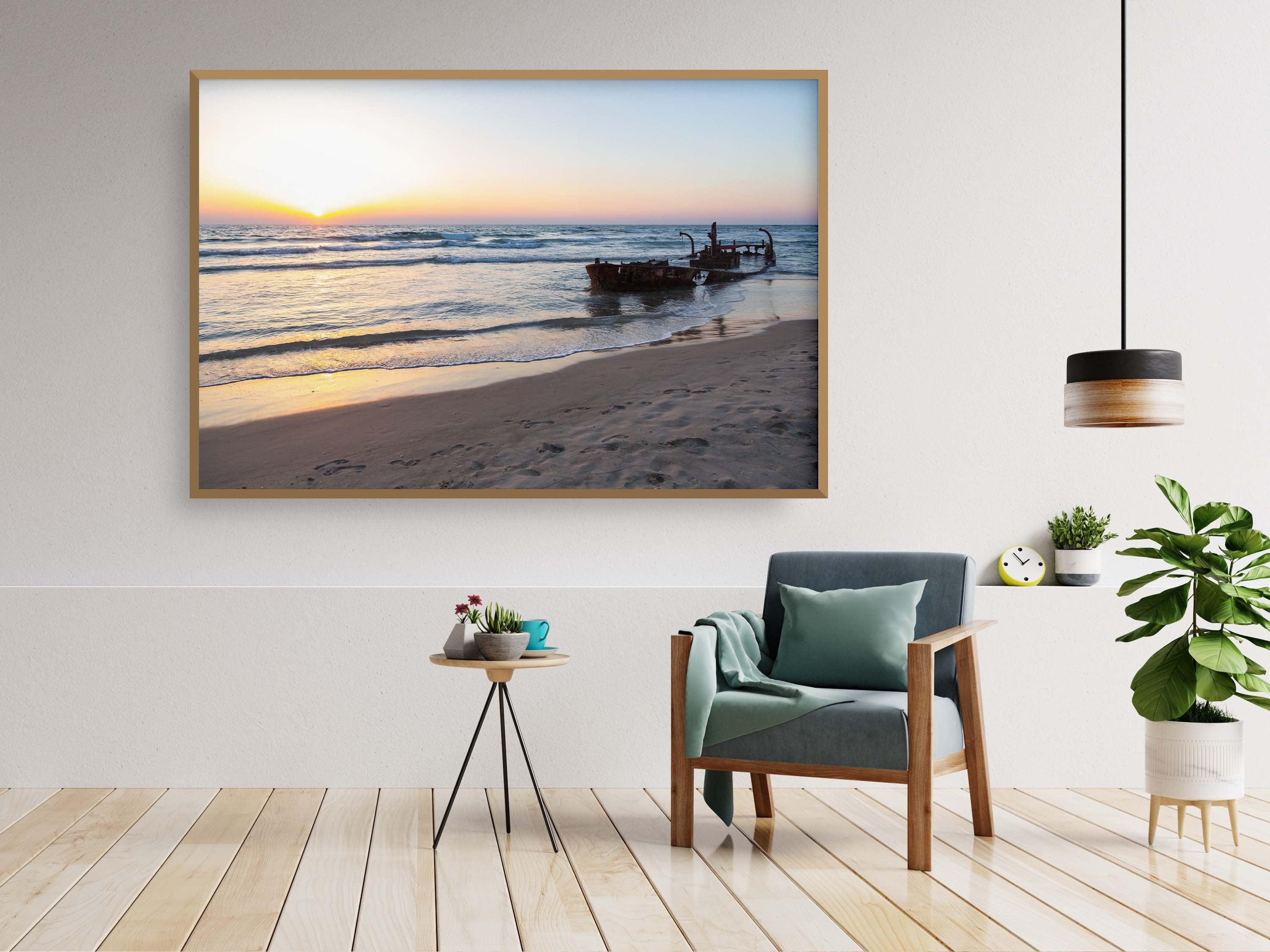 Israeli Seascape Print: Sunset Beach with Wrecked Boat