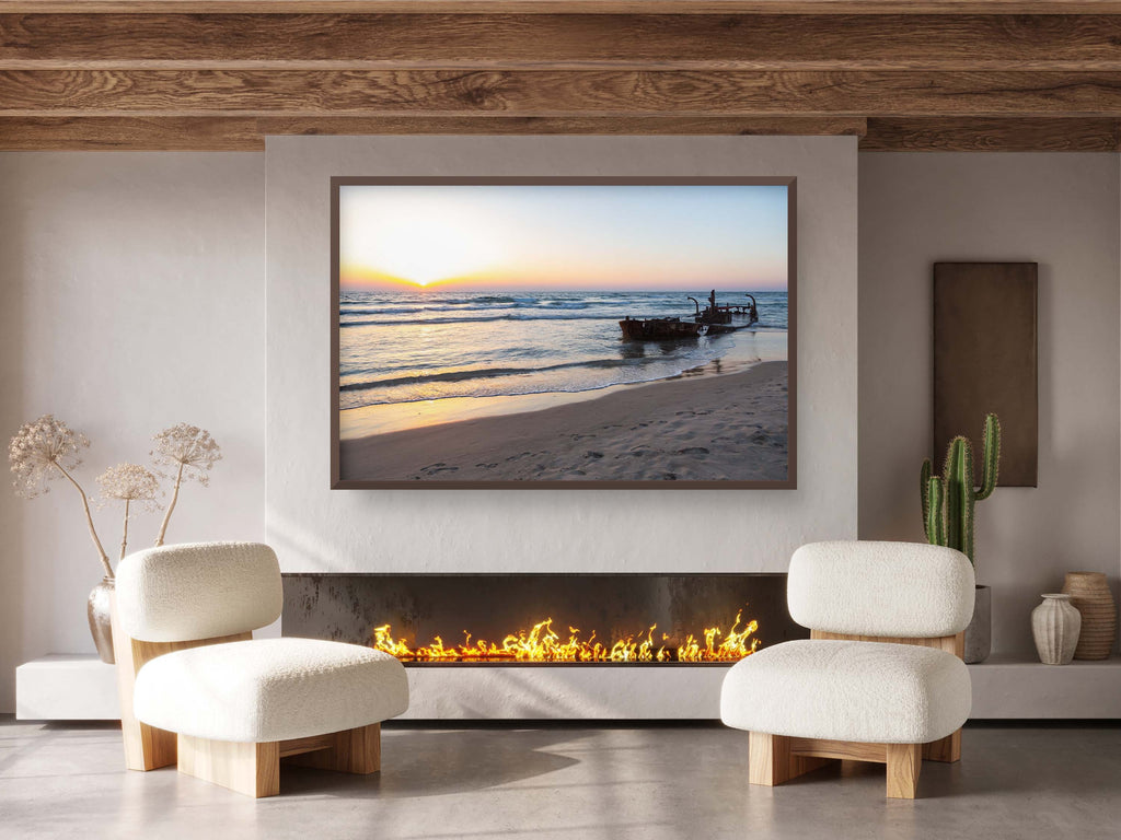 Israeli Seascape Print: Sunset Beach with Wrecked Boat