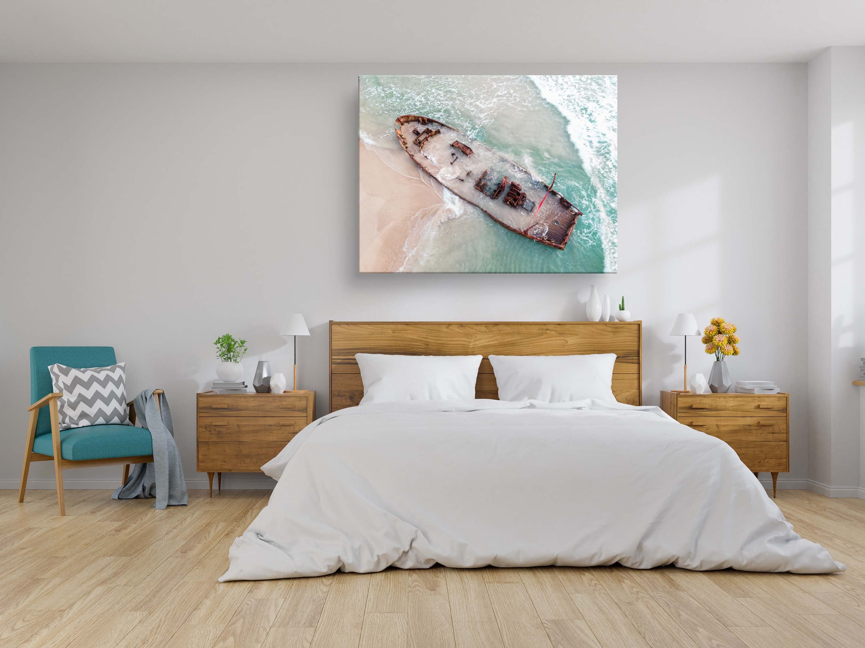 Habonim Beach Print: Israeli Turquoise Sea, Wrecked Boat Seascape