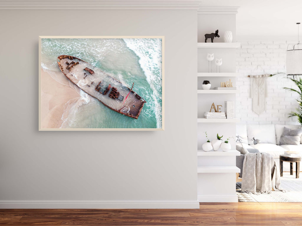 Habonim Beach Print: Israeli Turquoise Sea, Wrecked Boat Seascape