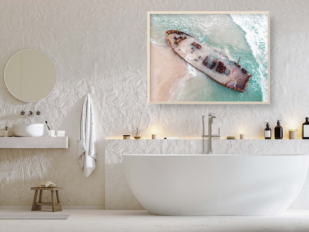 Habonim Beach Print: Israeli Turquoise Sea, Wrecked Boat Seascape