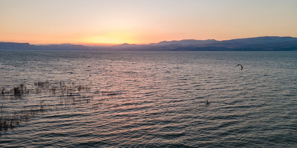 Sea of Galilee Sunset Print: Panoramic Israeli Holy Land Tiberias Lake Sunset Aerial Photo