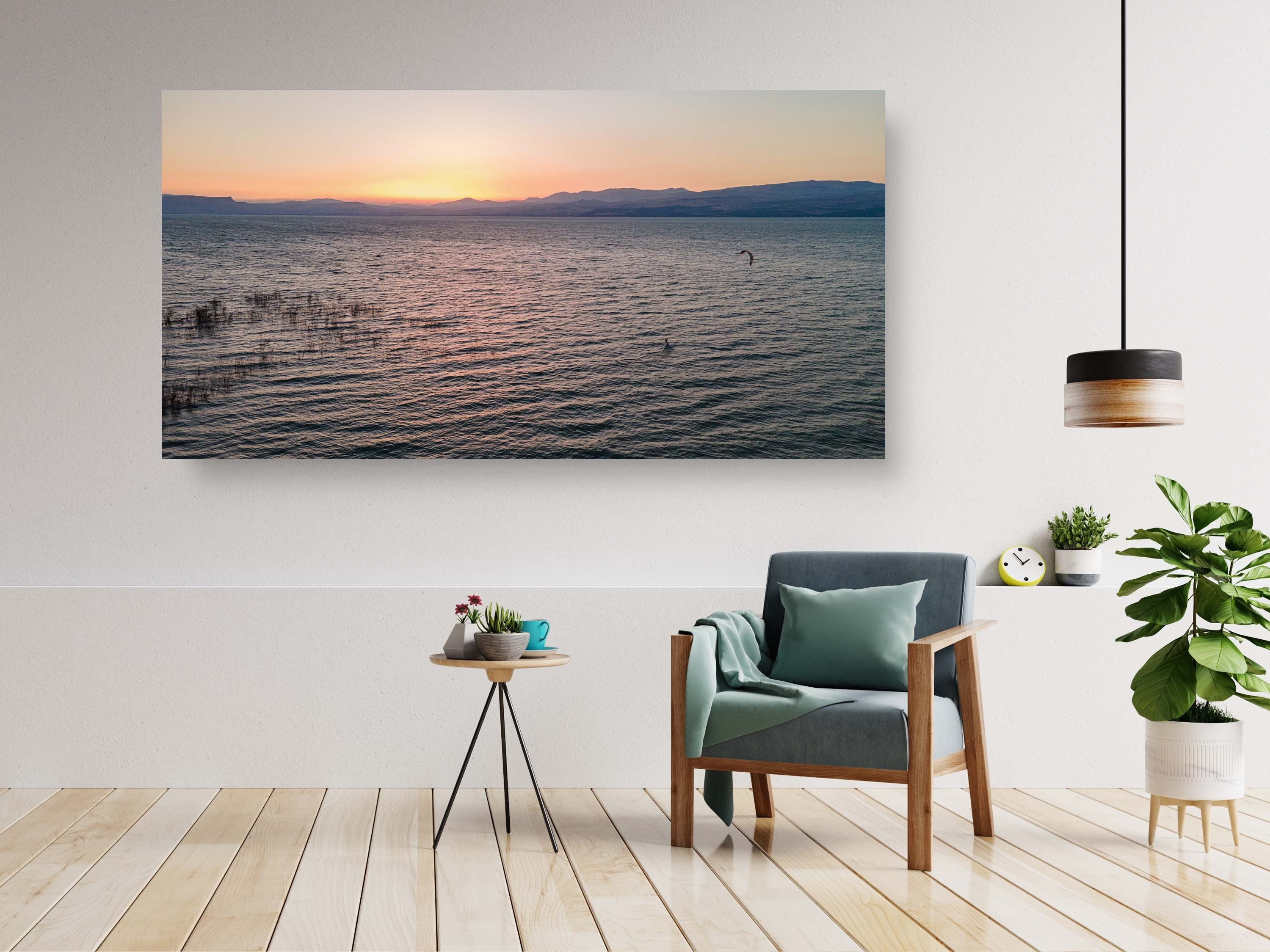 Sea of Galilee Sunset Print: Panoramic Israeli Holy Land Tiberias Lake Sunset Aerial Photo