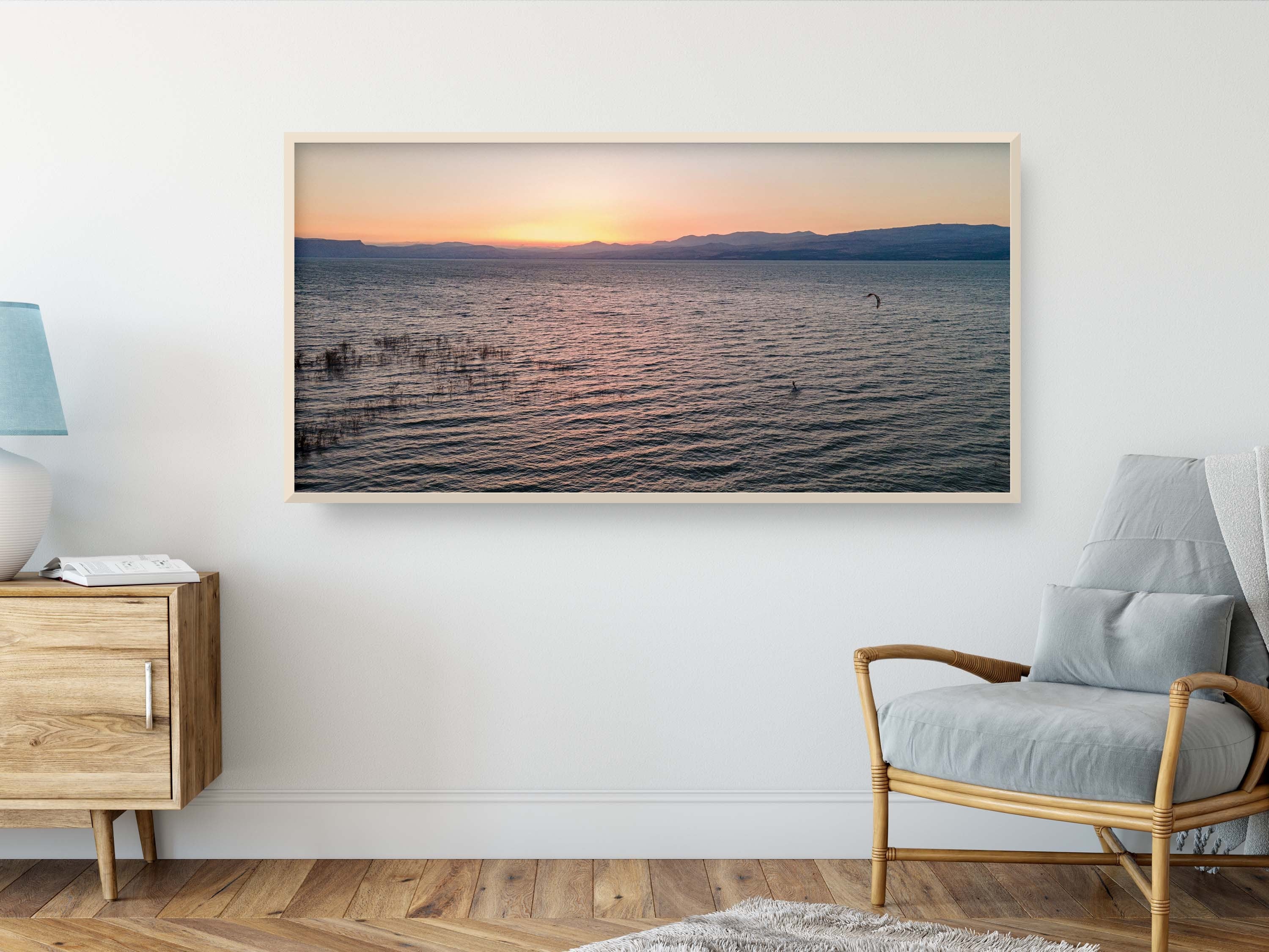 Sea of Galilee Sunset Print: Panoramic Israeli Holy Land Tiberias Lake Sunset Aerial Photo