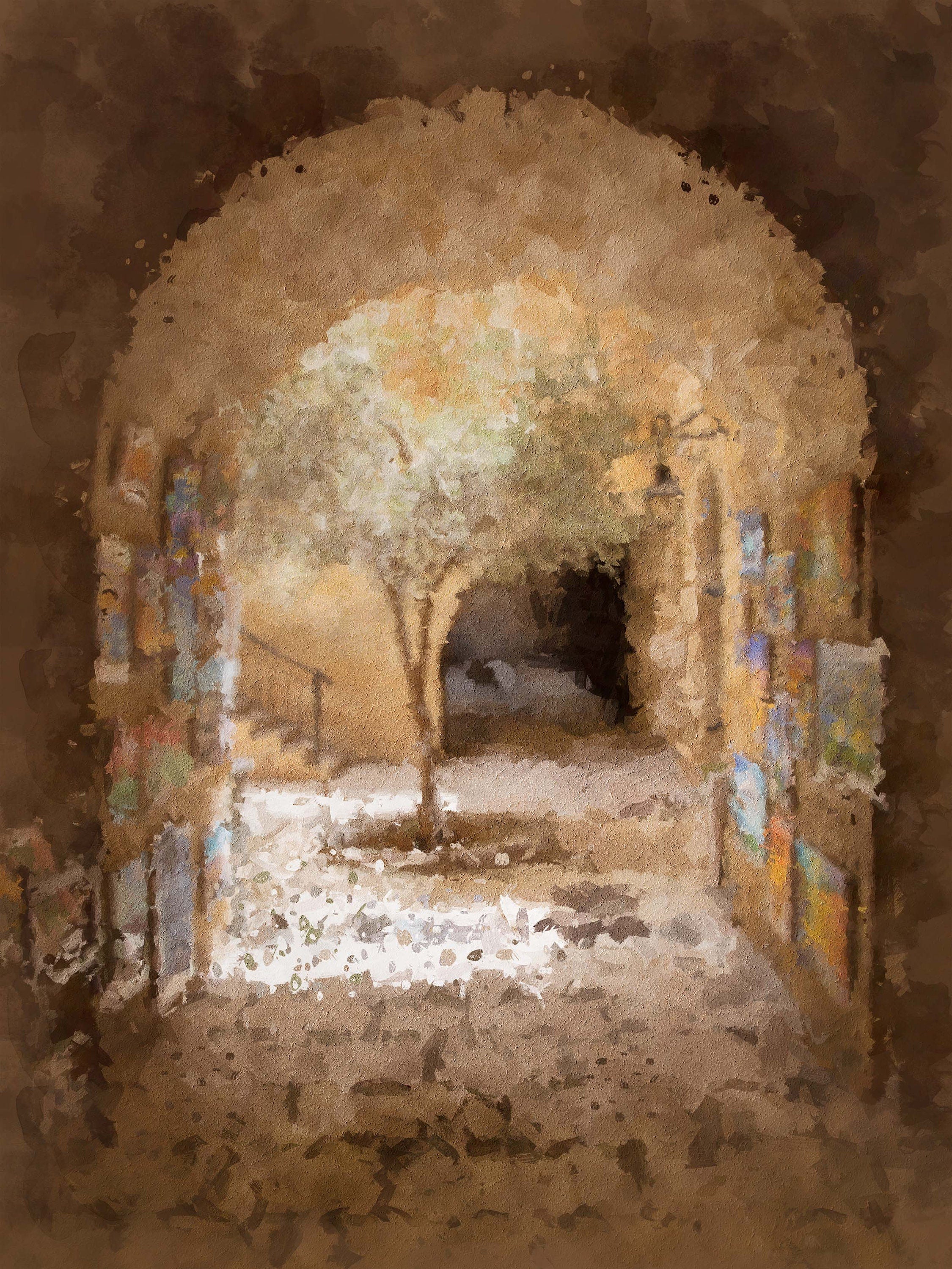 Holy Land Jerusalem Old City Painting — Jewish Quarter Olive Tree and Arch