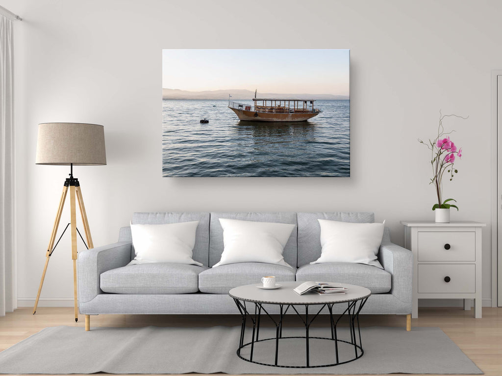 Israeli Holy Land Sea of Galilee — Kinneret Tiberias Lake with a boat