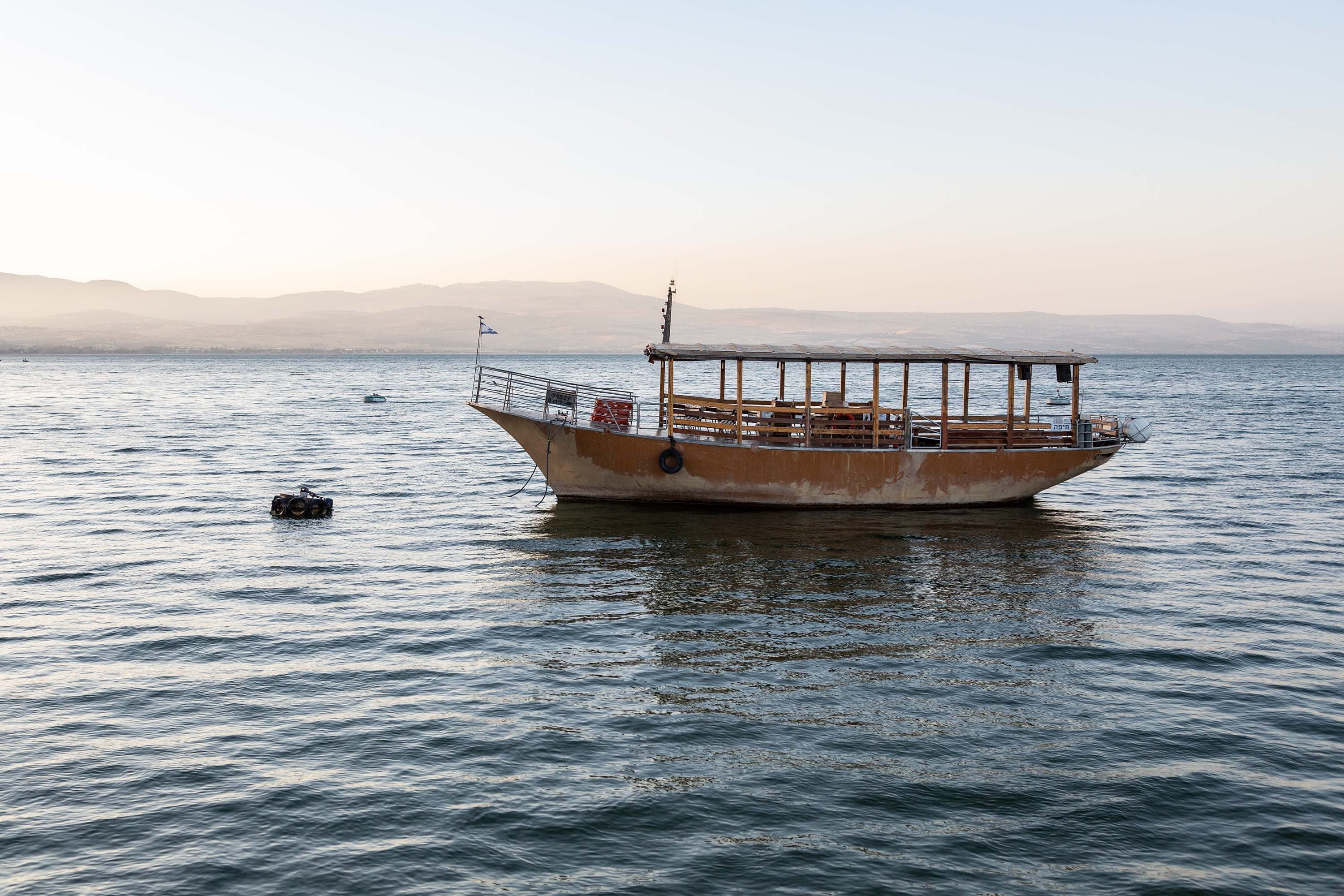 Israeli Holy Land Sea of Galilee — Kinneret Tiberias Lake with a boat