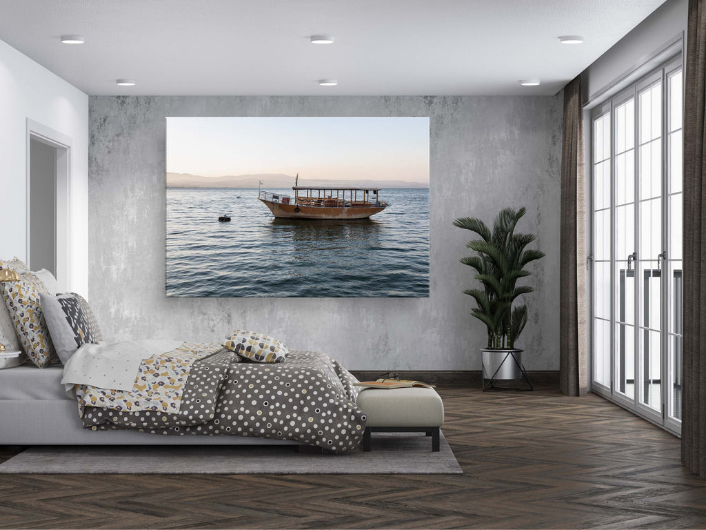 Israeli Holy Land Sea of Galilee — Kinneret Tiberias Lake with a boat