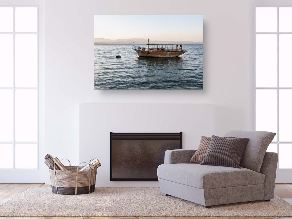 Israeli Holy Land Sea of Galilee — Kinneret Tiberias Lake with a boat