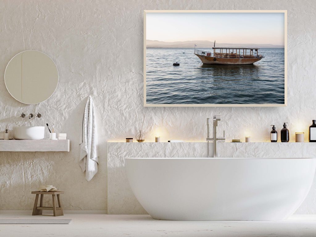 Israeli Holy Land Sea of Galilee — Kinneret Tiberias Lake with a boat