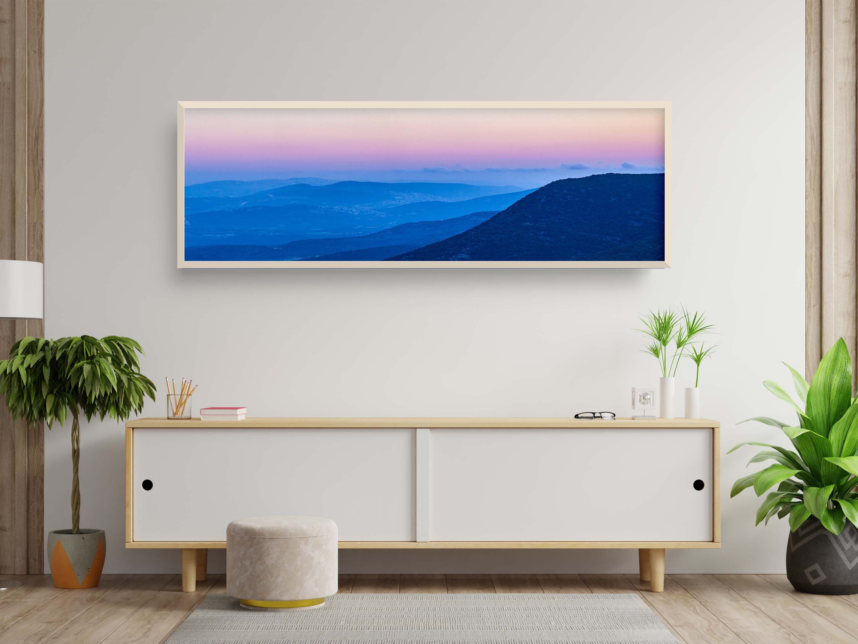 Panoramic Holy Land Blue Mountains and Pink Sky Landscape Photography — Israeli Galilee Mountains