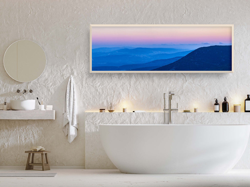 Panoramic Holy Land Blue Mountains and Pink Sky Landscape Photography — Israeli Galilee Mountains