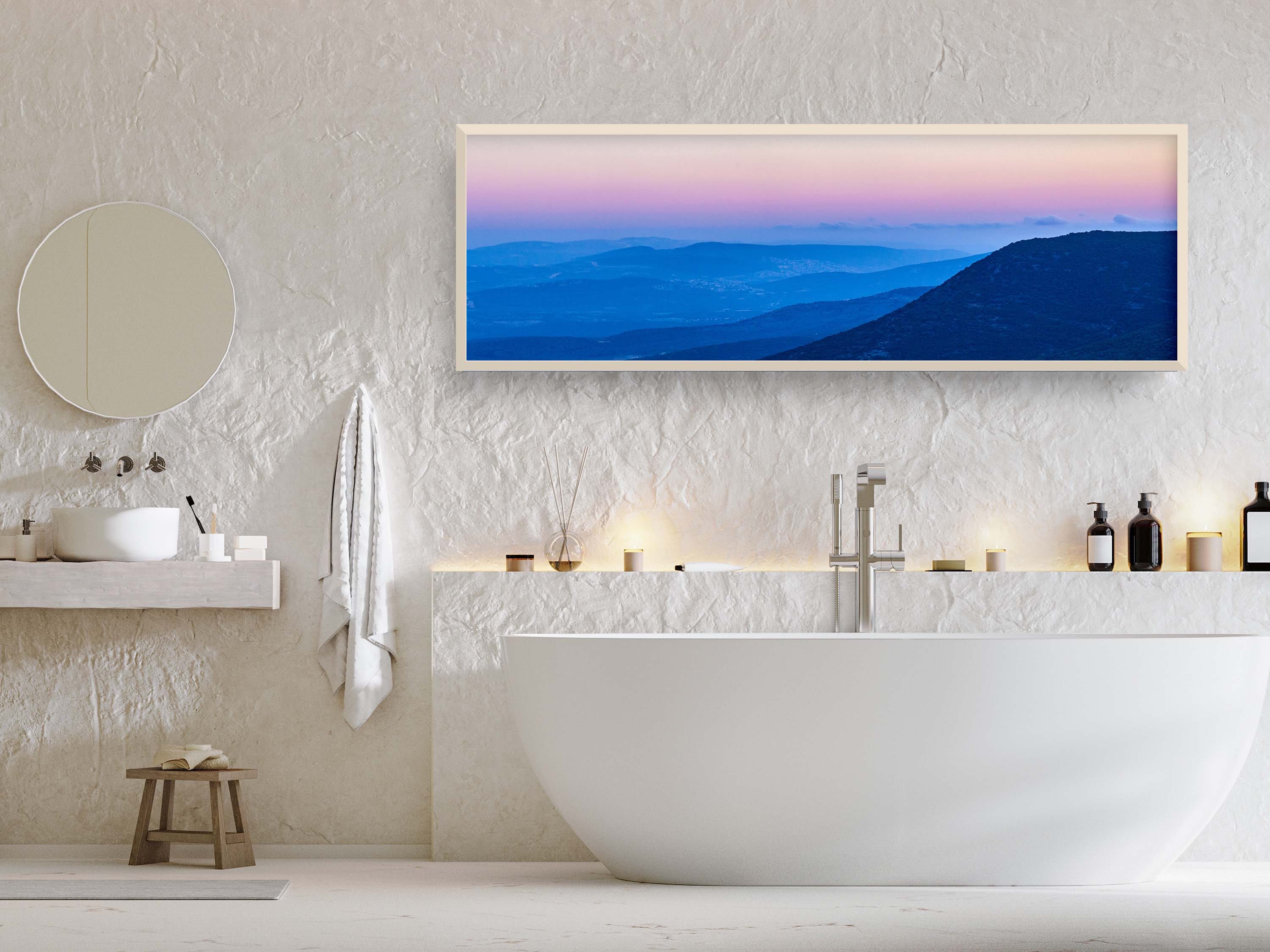 Panoramic Holy Land Blue Mountains and Pink Sky Landscape Photography — Israeli Galilee Mountains