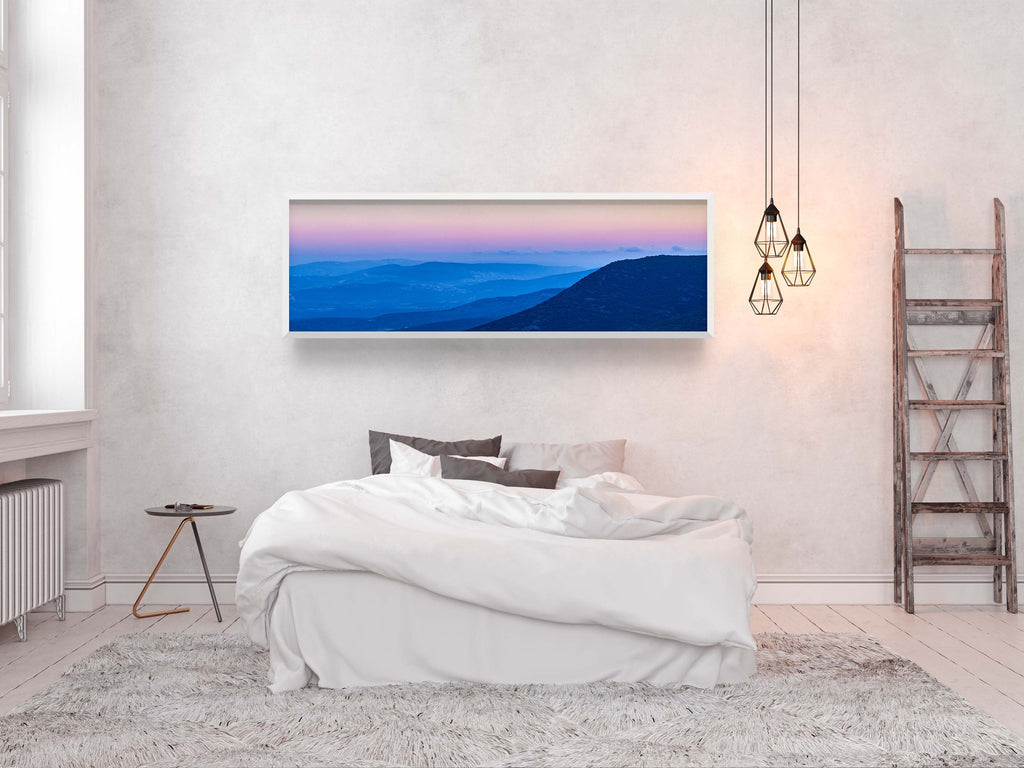 Panoramic Holy Land Blue Mountains and Pink Sky Landscape Photography — Israeli Galilee Mountains