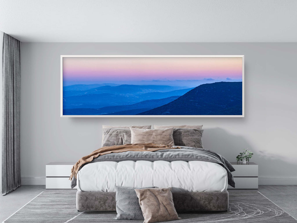 Panoramic Holy Land Blue Mountains and Pink Sky Landscape Photography — Israeli Galilee Mountains