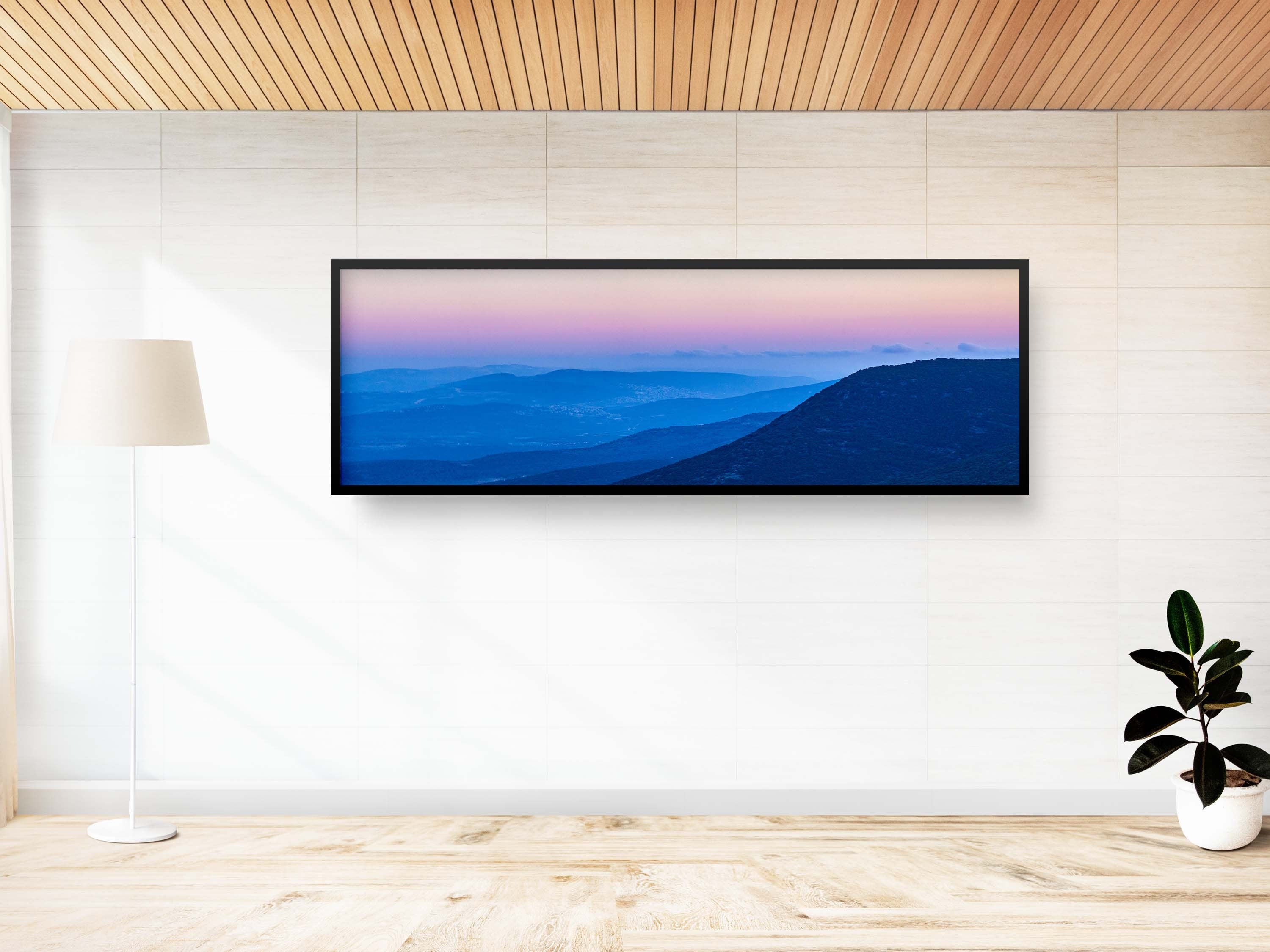 Panoramic Holy Land Blue Mountains and Pink Sky Landscape Photography — Israeli Galilee Mountains