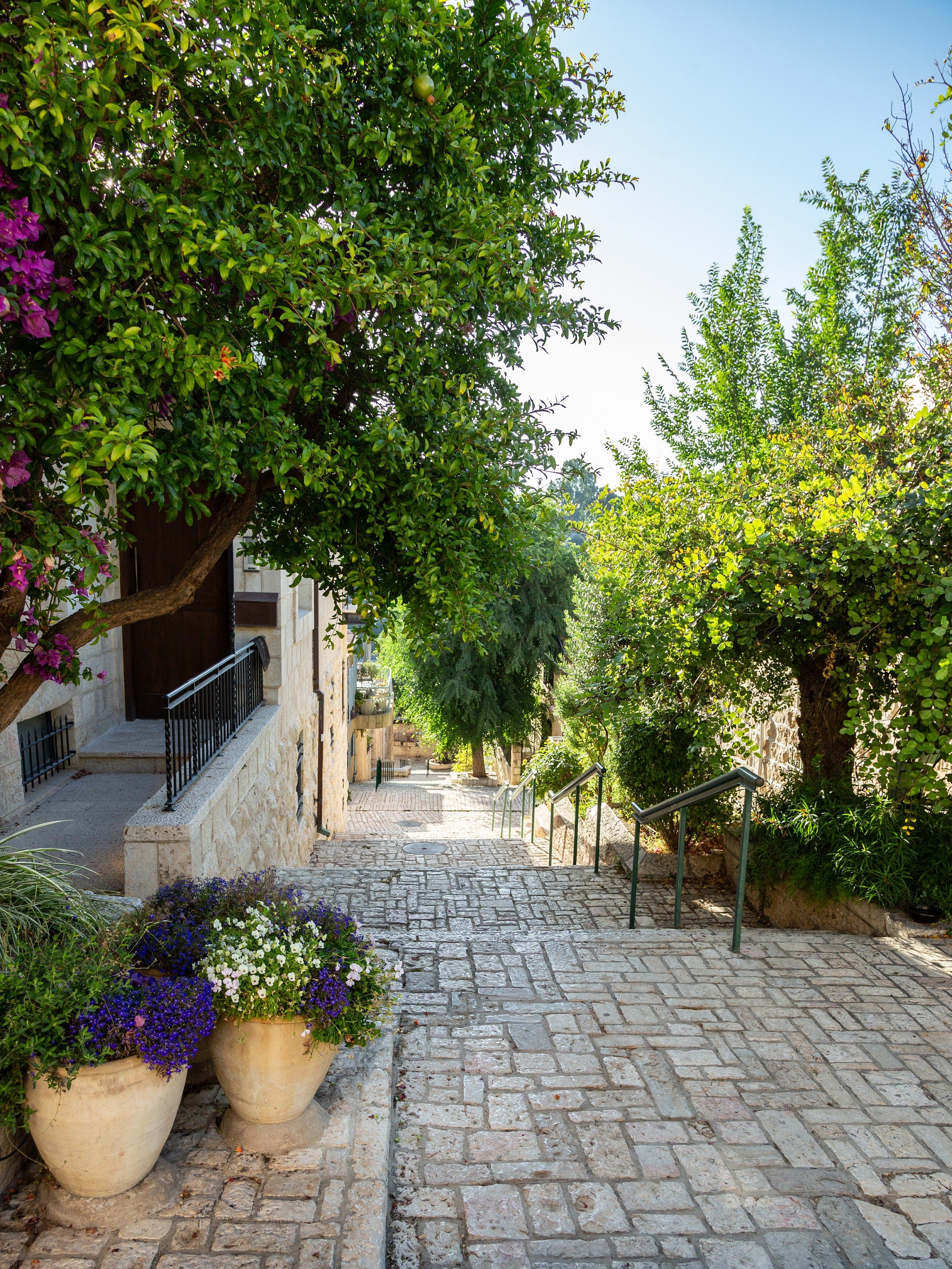 Jerusalem Pedestrian Flowery Street and Stairs - Yamin Moshe Neighborhood