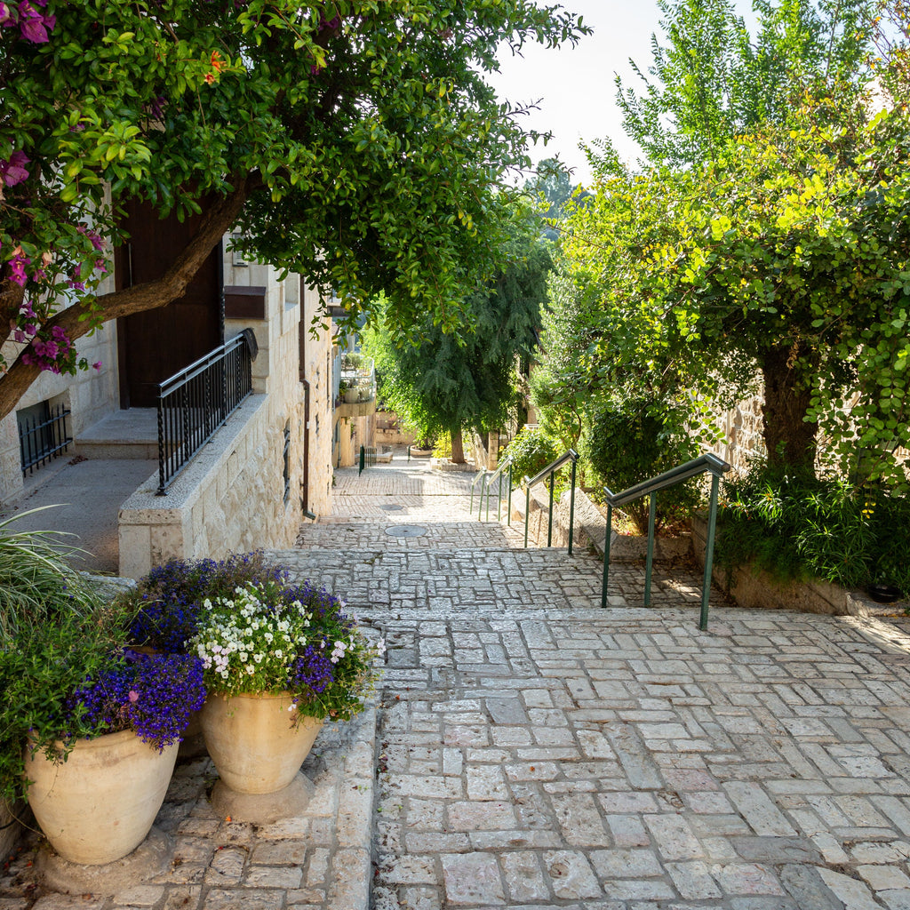 Jerusalem Pedestrian Flowery Street and Stairs - Yamin Moshe Neighborhood