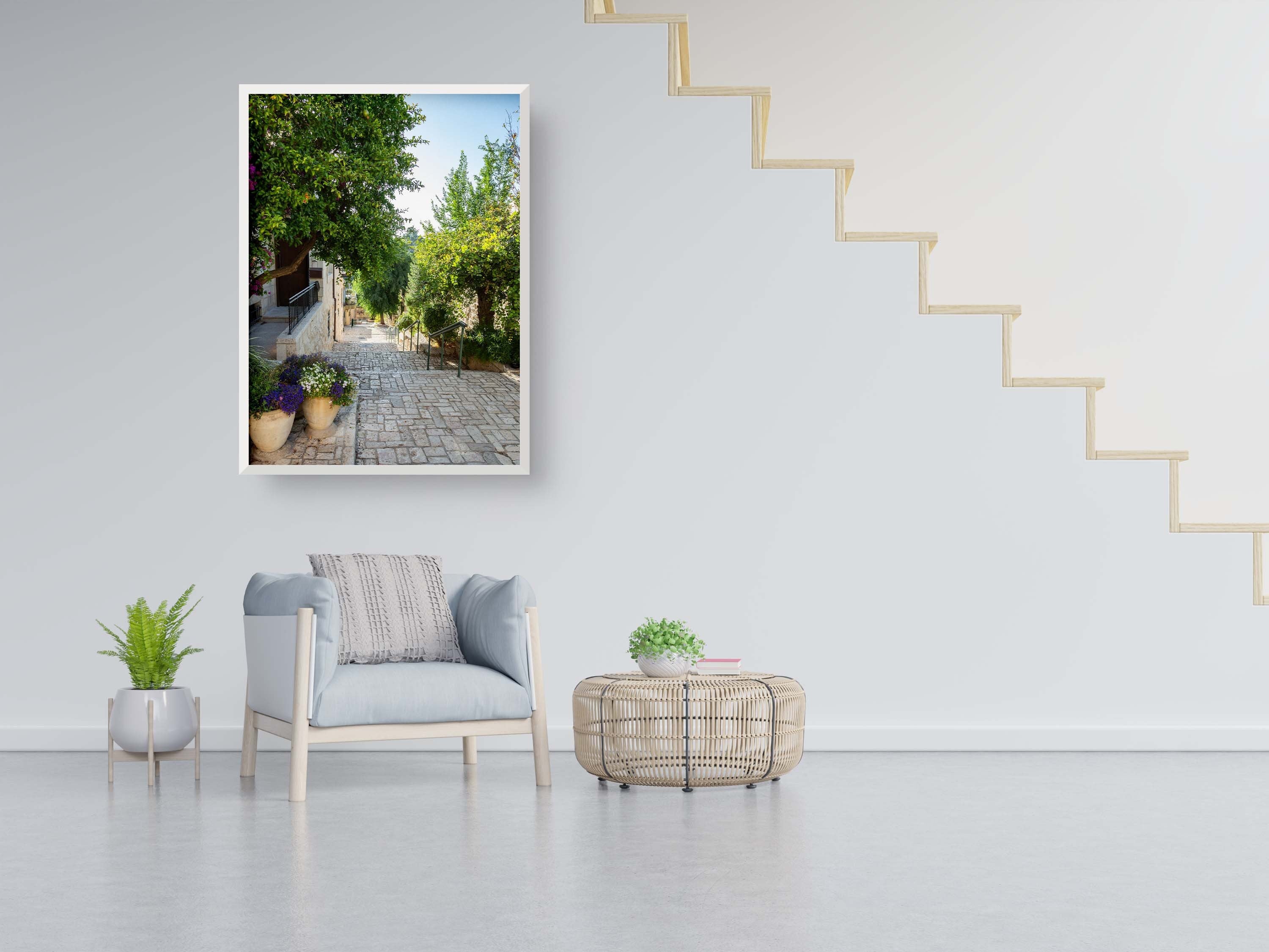 Jerusalem Pedestrian Flowery Street and Stairs - Yamin Moshe Neighborhood