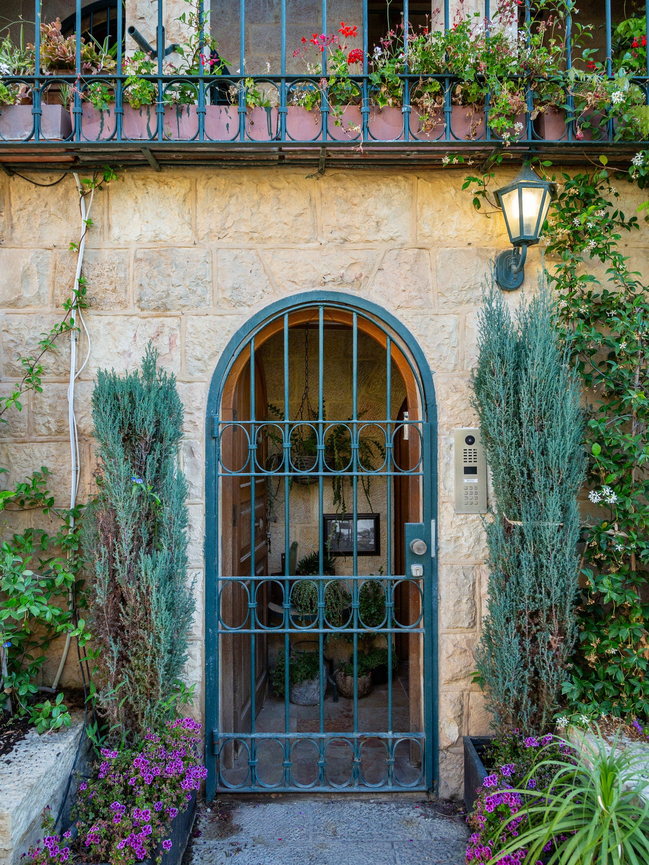 Jerusalem Holy City Garden Green Door, Arch and Flowers — Yamin Moshe Neighborhood