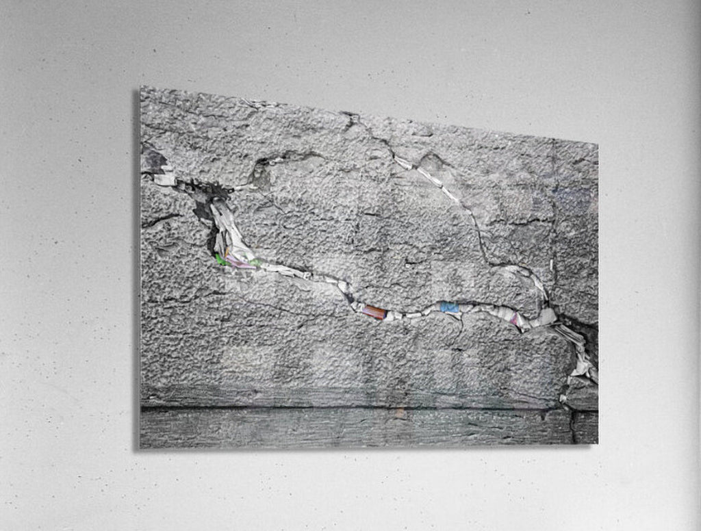 Black and White Jewish Kotel Stone with Colored Prayer Paper Notes between Stones