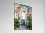 Israeli Holy Land Glazed Turquoise Vintage Door with Ivy and Windows — Rosh Pina Old City