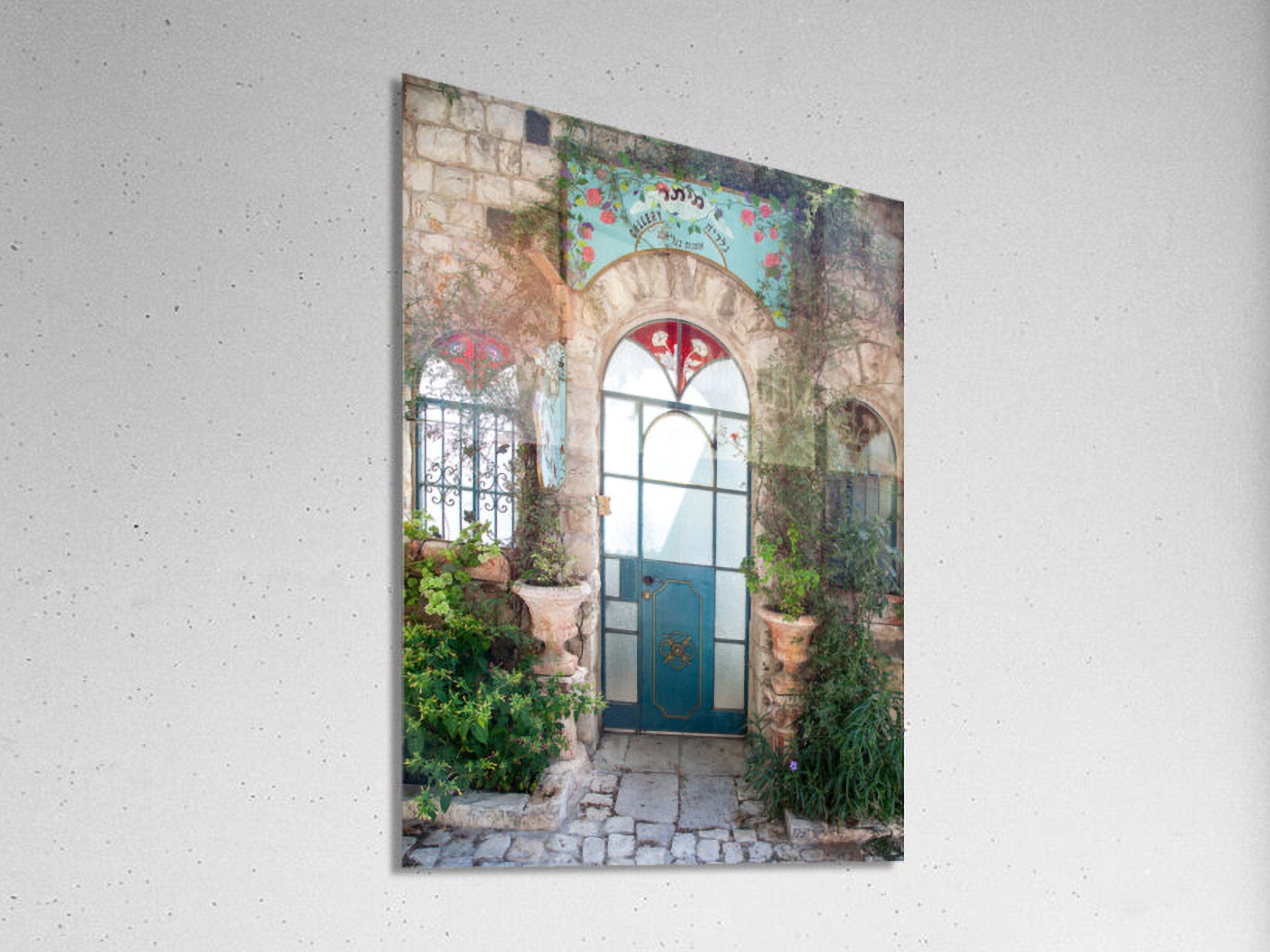 Israeli Holy Land Glazed Turquoise Vintage Door with Ivy and Windows — Rosh Pina Old City