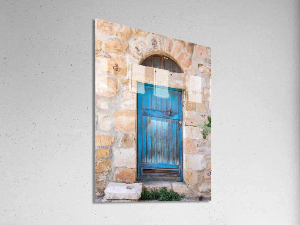 Jerusalem Turquoise Wooden Door with Stones and Red Hand — Travel Vintage Blue Door