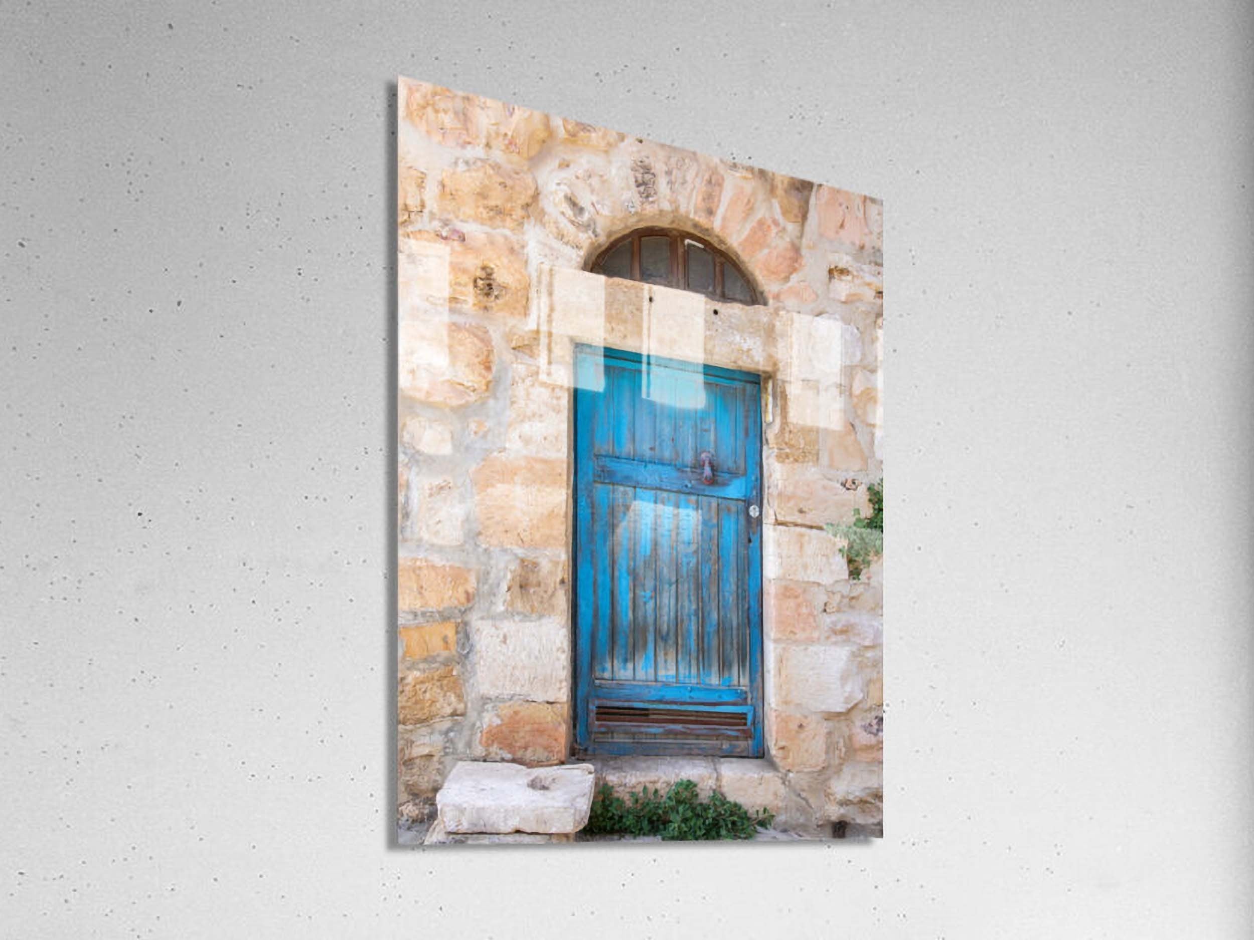 Jerusalem Turquoise Wooden Door with Stones and Red Hand — Travel Vintage Blue Door