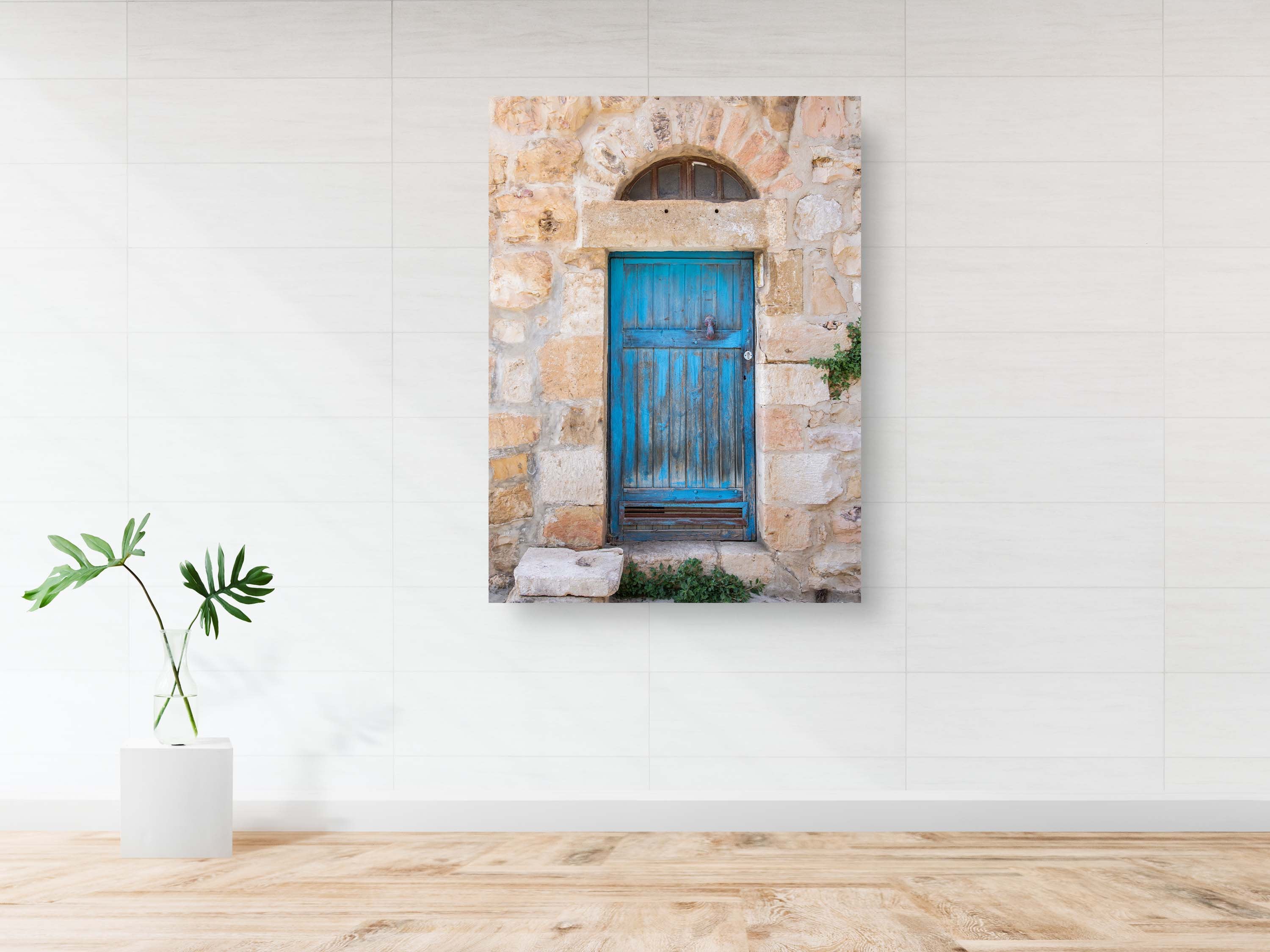 Jerusalem Turquoise Wooden Door with Stones and Red Hand — Travel Vintage Blue Door
