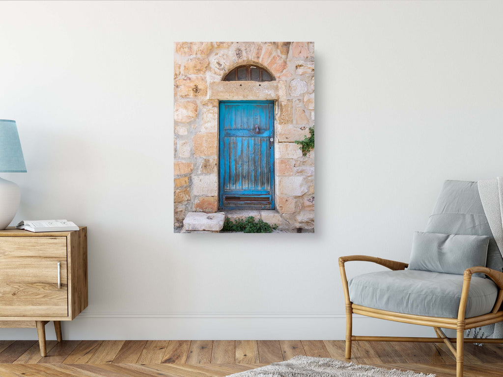 Jerusalem Turquoise Wooden Door with Stones and Red Hand — Travel Vintage Blue Door